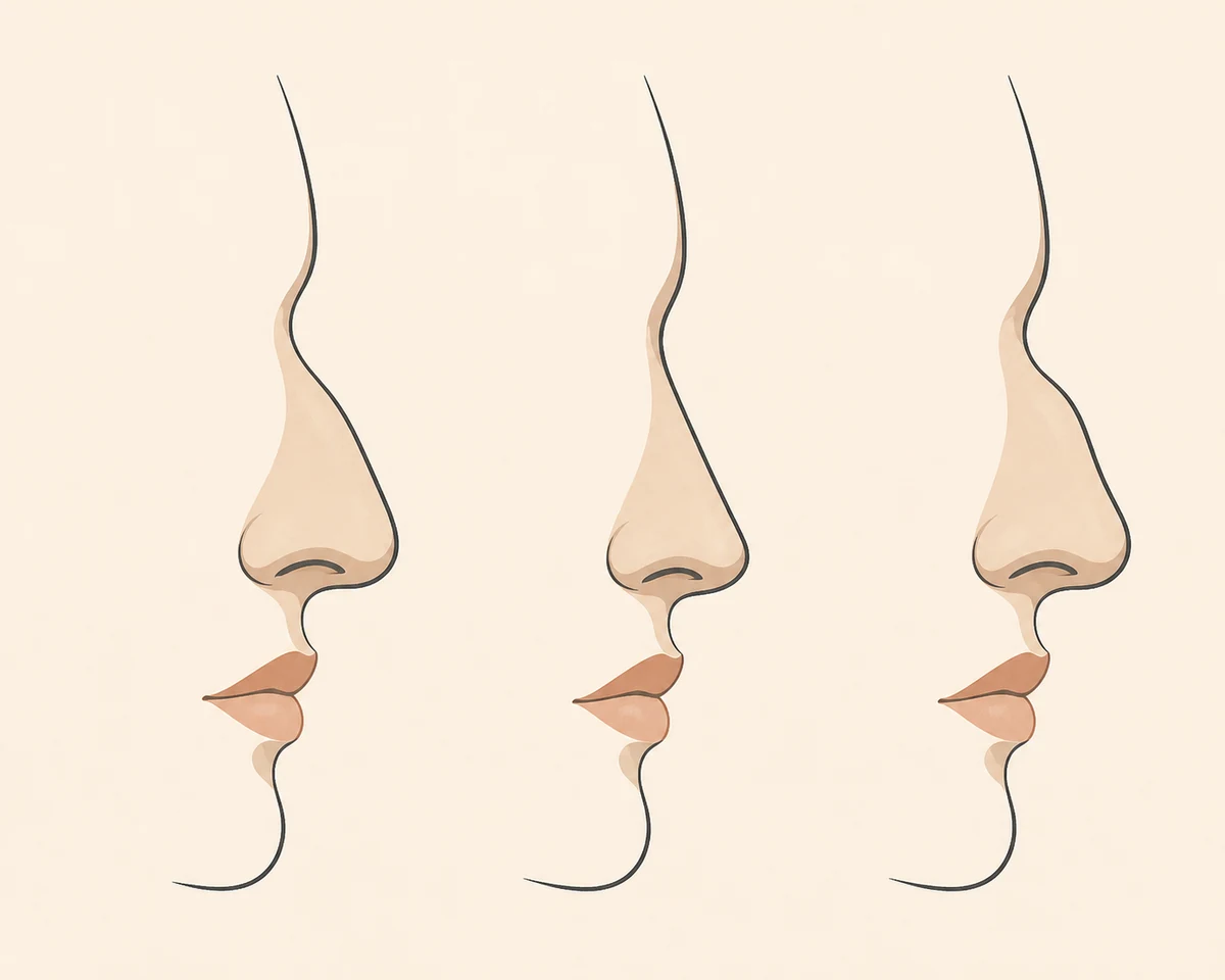 Side-profile comparison of a straight Greek nose, a convex Roman nose, and a smooth aquiline curve