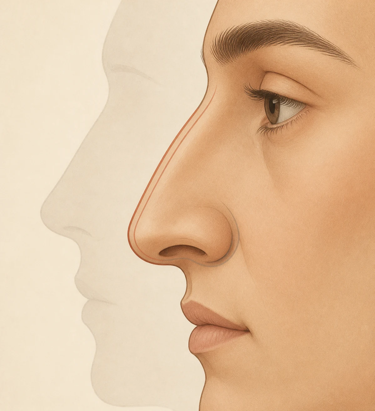 Editorial profile illustration of an aquiline nose with a long curved bridge