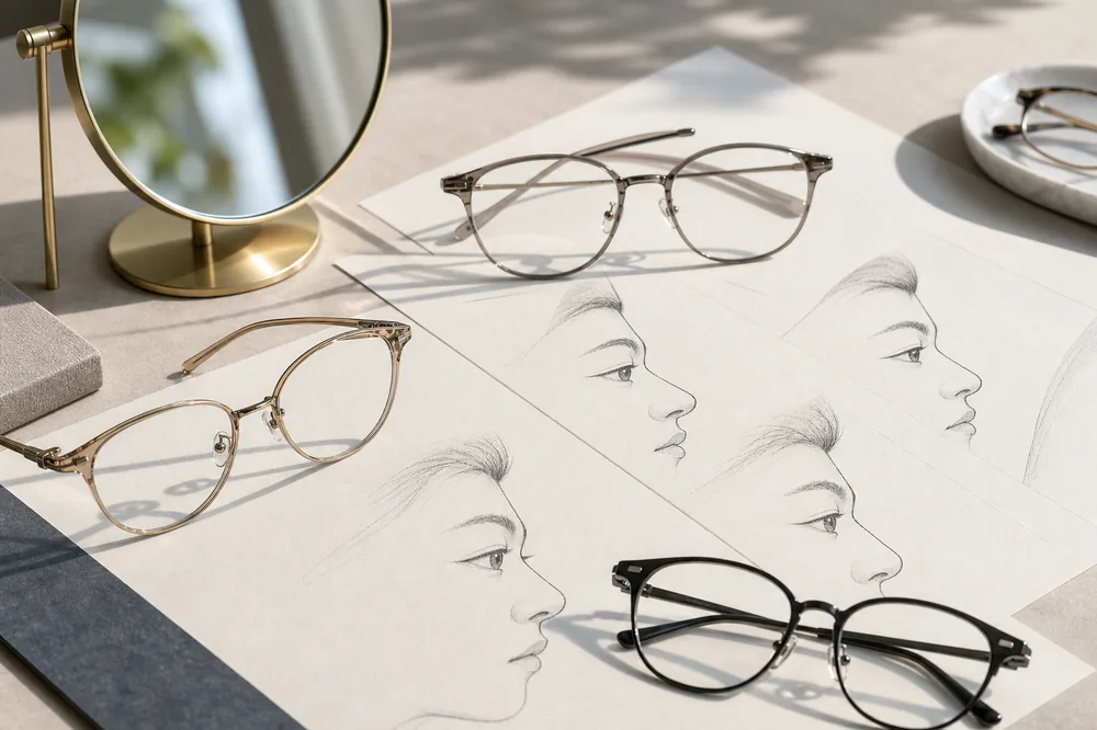 Eyeglasses and profile sketches illustrating low bridge and frame-fit checks