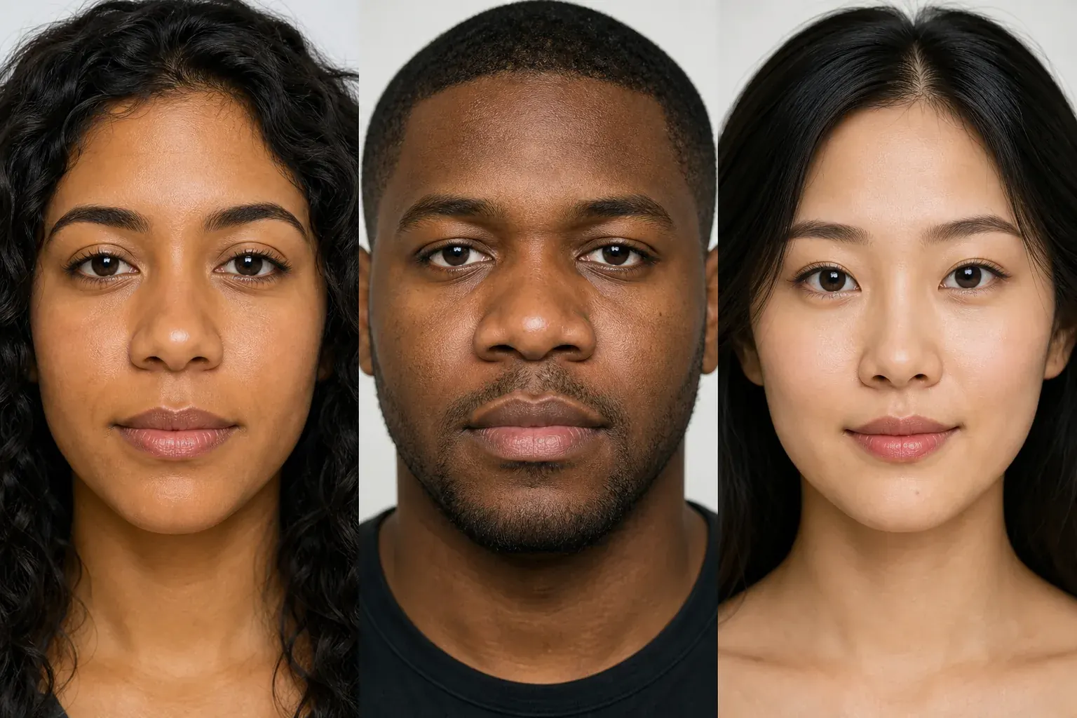 Three diverse adults with naturally rounded nasal tips shown from different angles