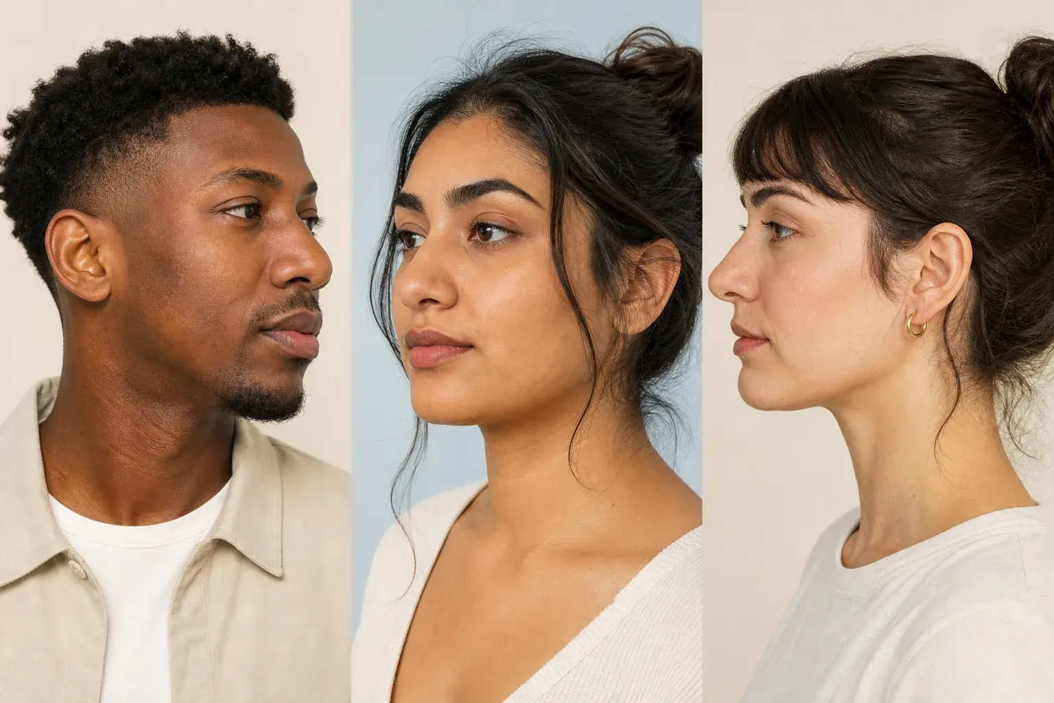 Three diverse adults with naturally rounded nasal tips shown from different angles