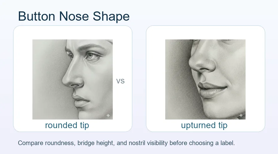 Button nose shape guide showing a rounded nasal tip, compact bridge, and soft front profile