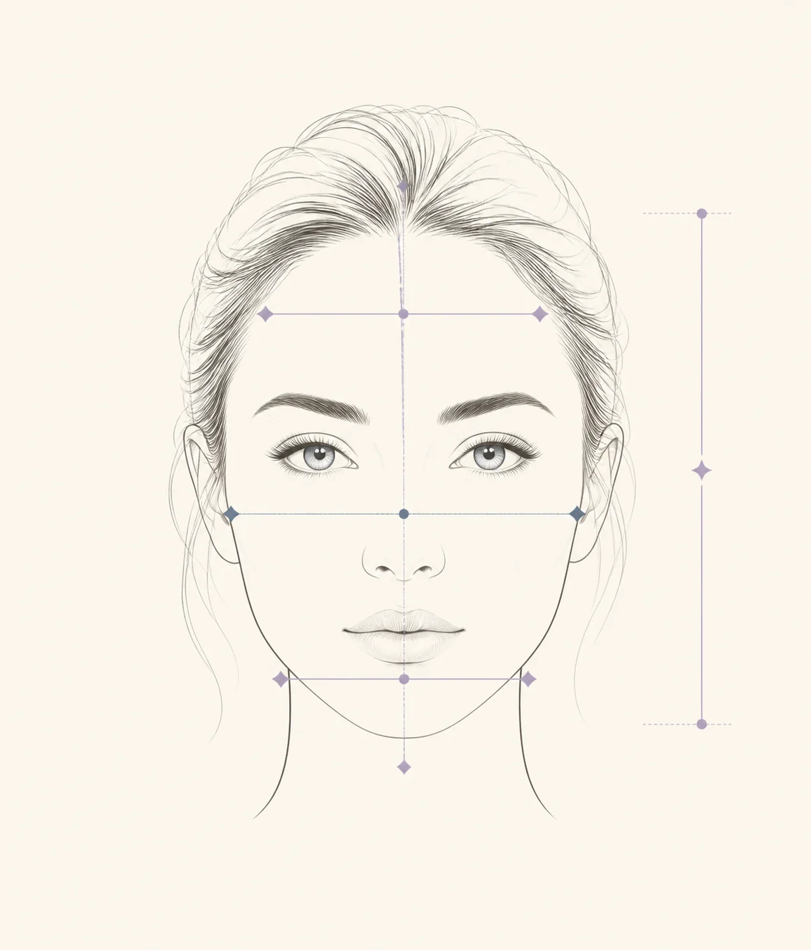 Editorial face outline showing forehead, cheekbone, jawline, and face-length measurement guides