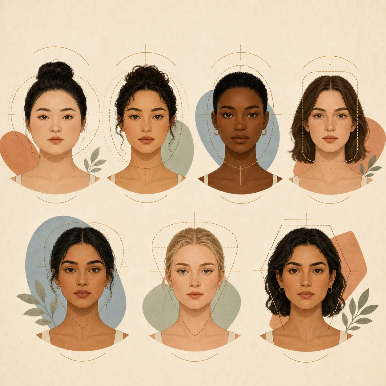 Diverse illustrated faces with geometric outlines used to compare face-shape proportions