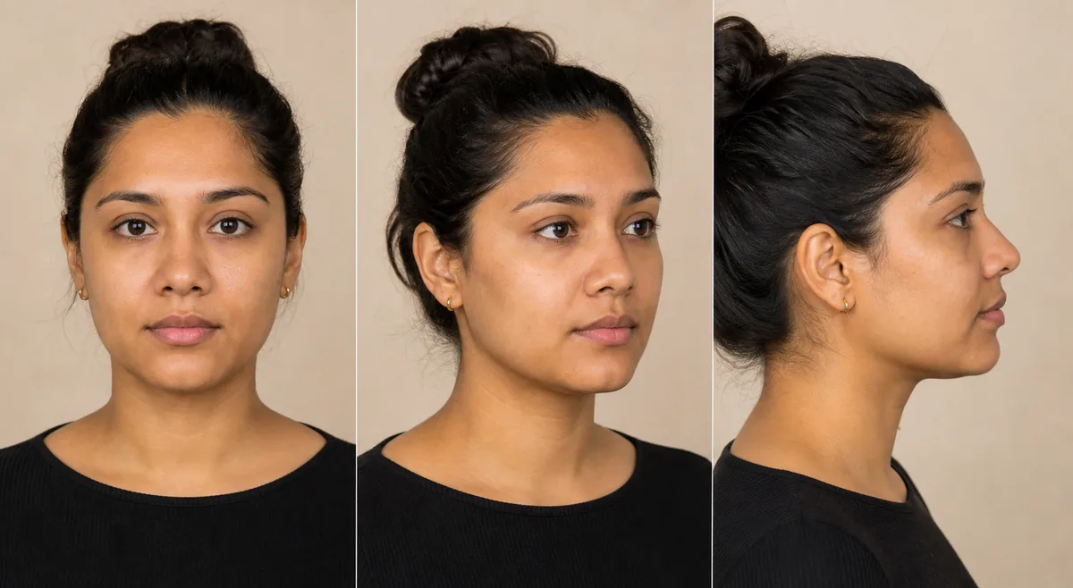 One adult shown from front, three-quarter, and profile views to compare nasal bridge projection