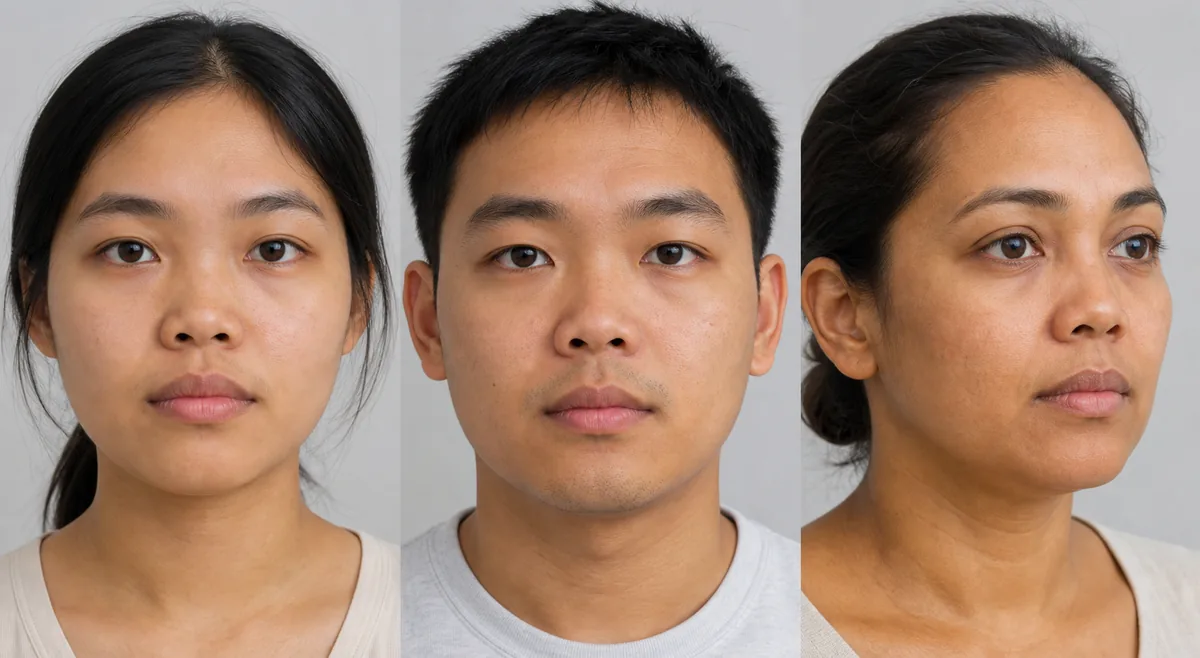 Three diverse adults with naturally low nasal bridges in neutral studio portraits