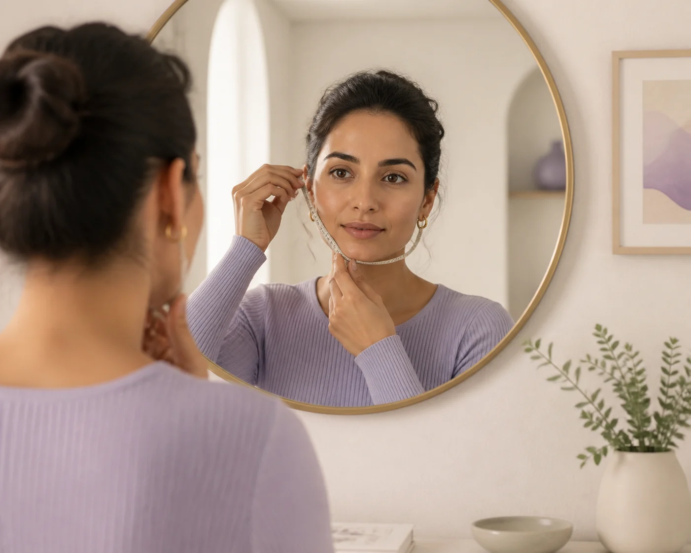 A person checking face proportions with a flexible measuring tape in front of a mirror