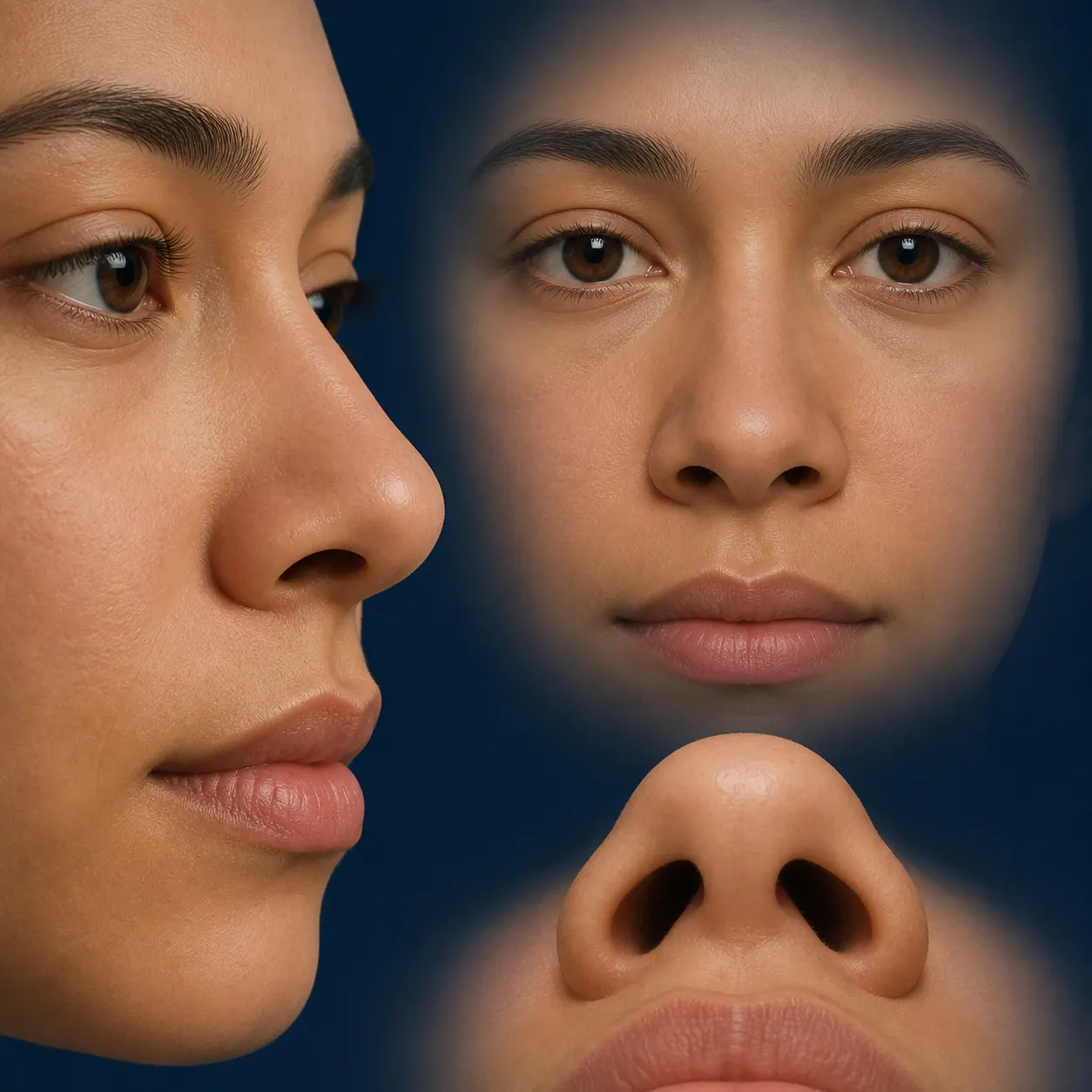 Editorial illustration showing front, three-quarter, and underside views of natural nostril contours