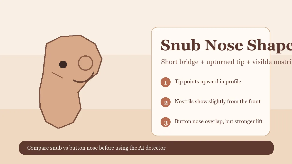 Snub nose shape guide showing an upturned tip, short bridge, and visible nostrils from the front