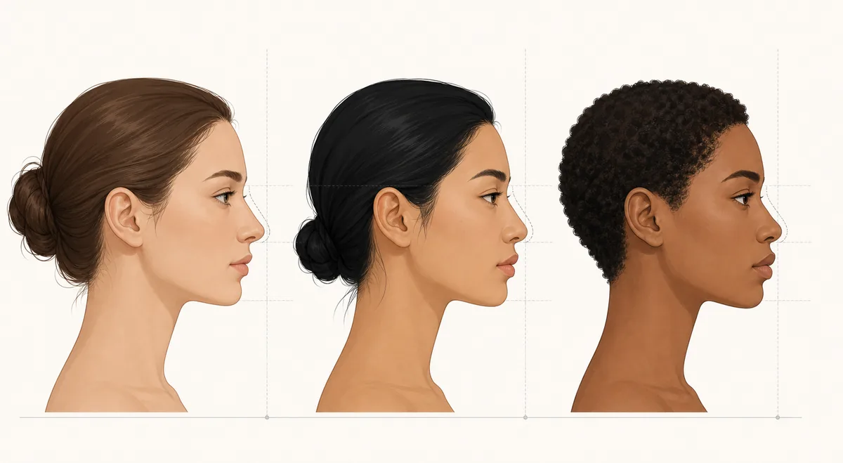 Three editorial side profiles comparing straight, gently convex, and gently concave nasal bridge contours
