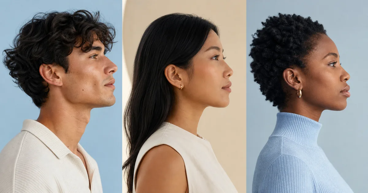 Three diverse adults in side profile showing naturally straight nasal bridges with different tip shapes