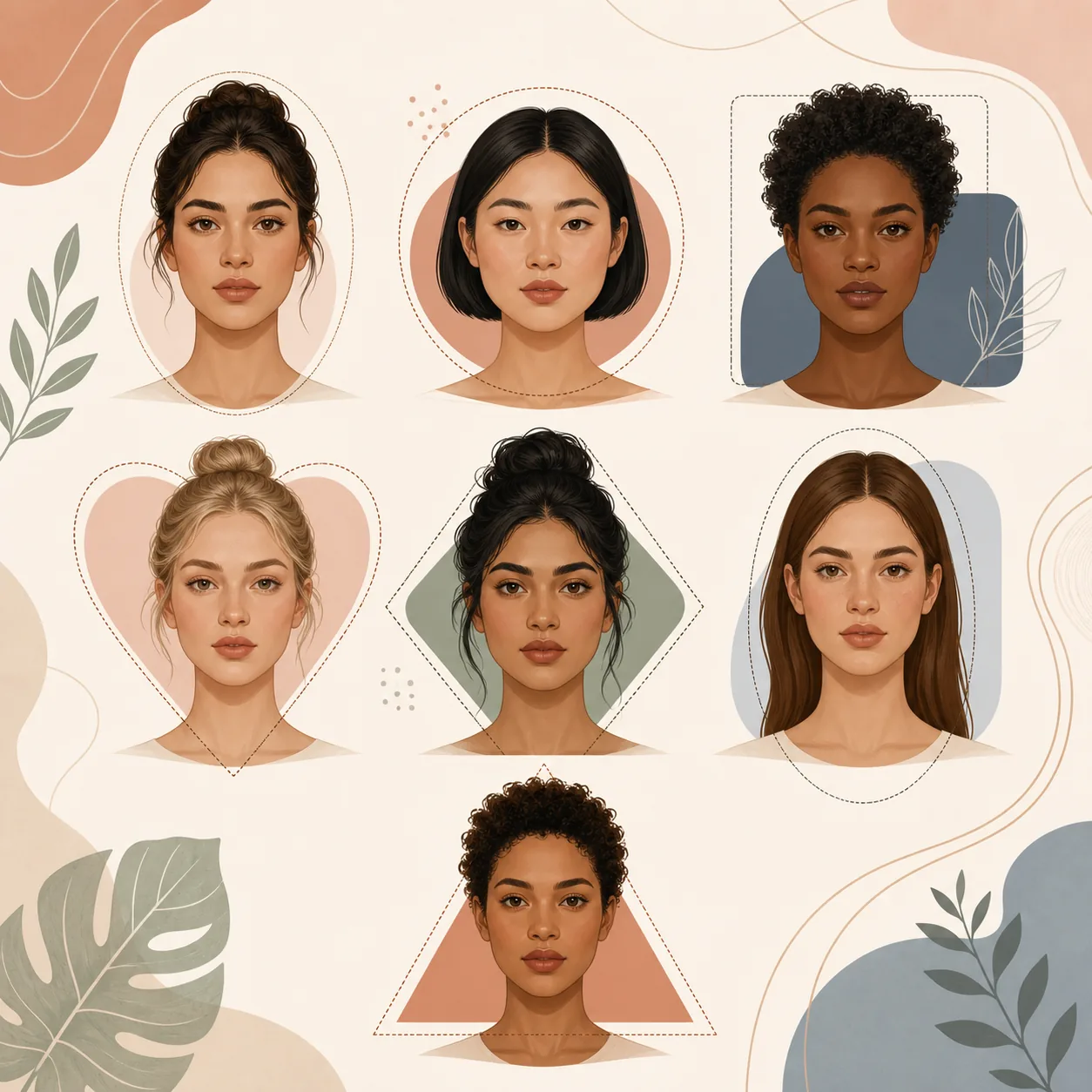 Seven diverse illustrated portraits showing different face-shape outlines
