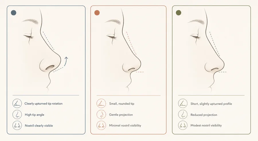 Comparison illustration of upturned nose, button nose, and snub nose profile clues