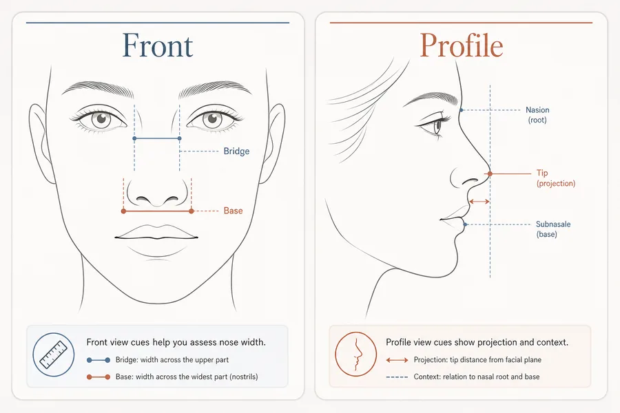 Front and profile self-check diagram for wide nose shape cues
