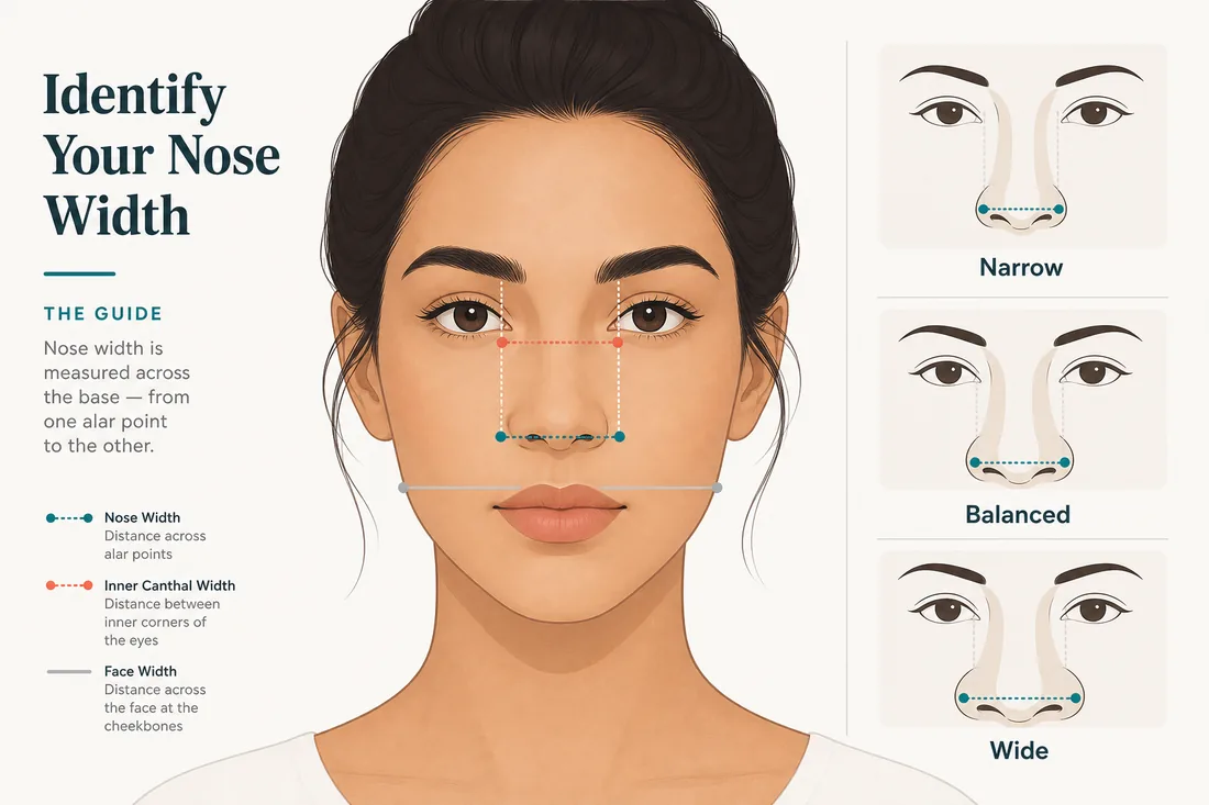 Wide nose shape guide comparing narrow, balanced, and wide nasal base proportions